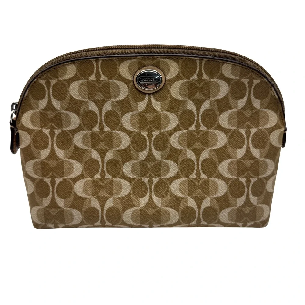 Coach Signature C Monogram Cosmetic Pouch Makeup Bag Tan Cream